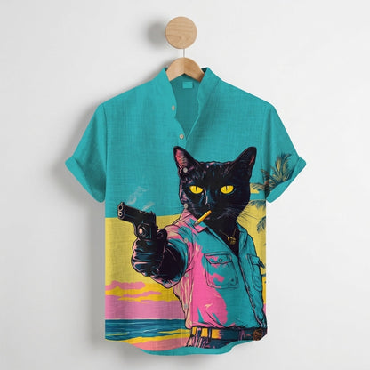 Tavienne Black Cat Print Shirt