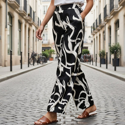 Leaf Print Wide-Legged Pants