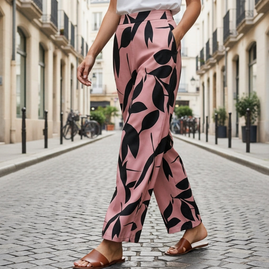 Leaf Print Wide-Legged Pants