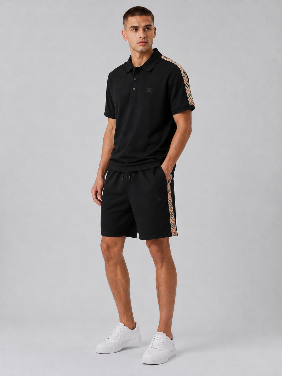 Black Polo Shirt & Shorts Set – Plaid Side Detail