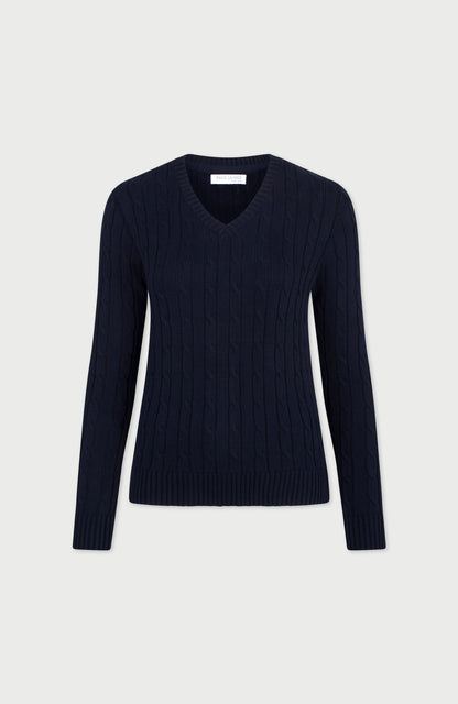 Womens Cotton Cable V Neck Jumper