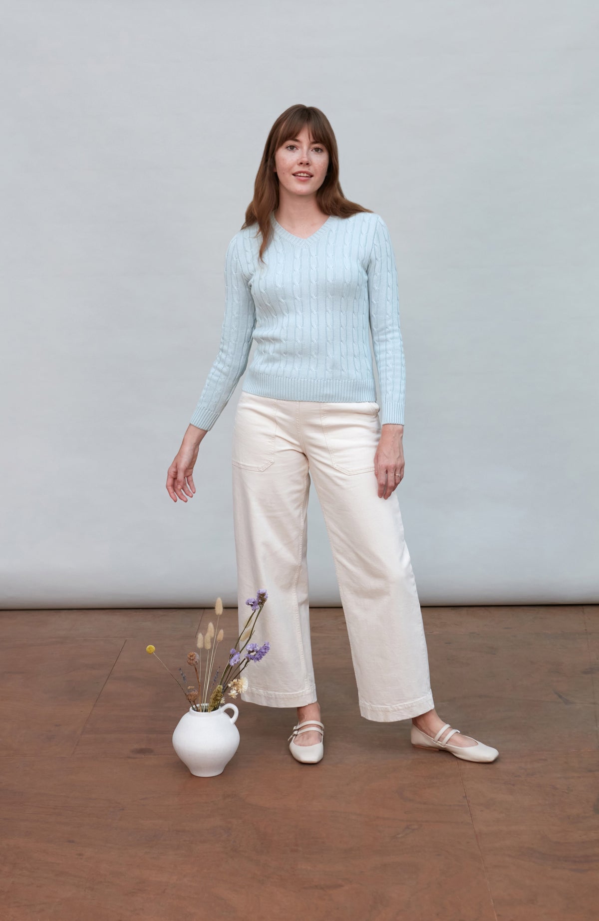 Womens Cotton Cable V Neck Jumper