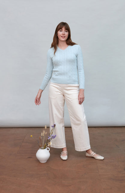 Womens Cotton Cable V Neck Jumper