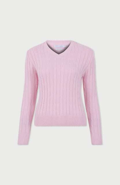 Womens Cotton Cable V Neck Jumper