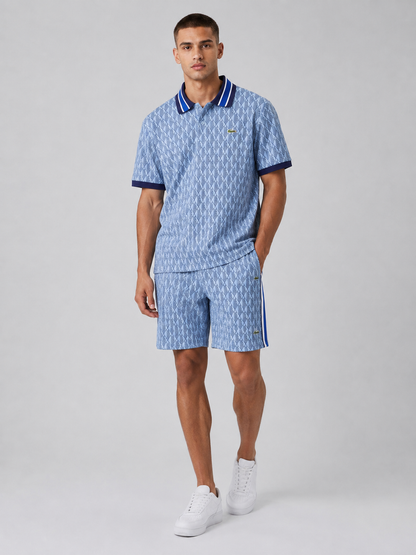 Striped Collar Light Blue Printed Cotton T-Shirt & Shorts Set