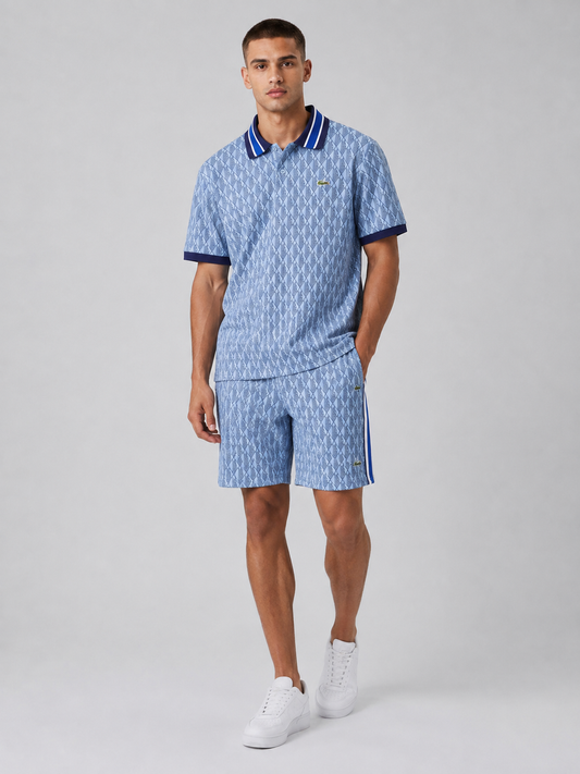 Striped Collar Light Blue Printed Cotton T-Shirt & Shorts Set