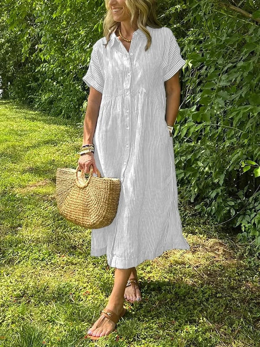 Striped button-up collar short sleeve gathered waist midi dress for women | Marisela