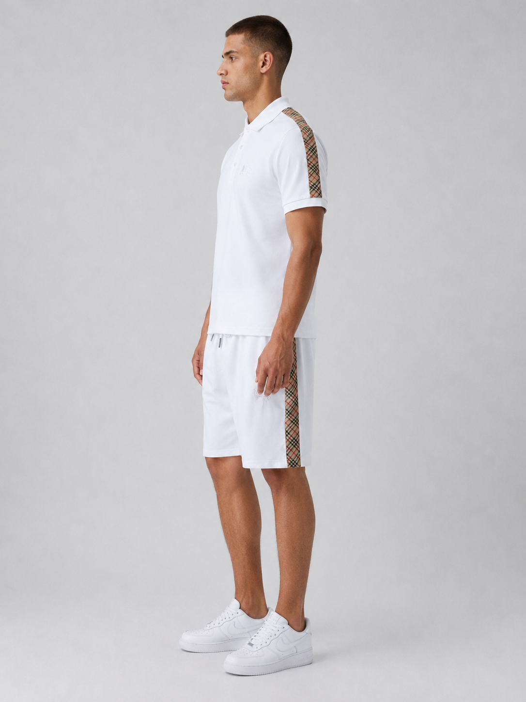 White Polo Shirt & Shorts Set – Plaid Side Detail