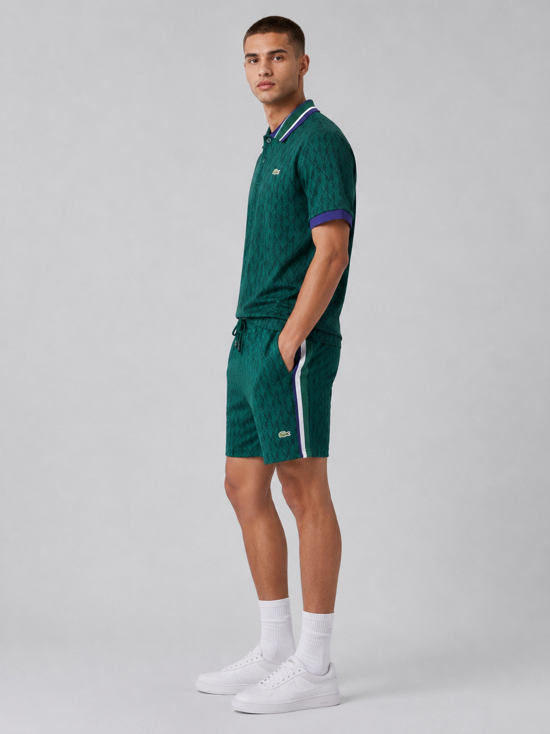 Striped Collar Green Printed Cotton T-Shirt & Shorts Set