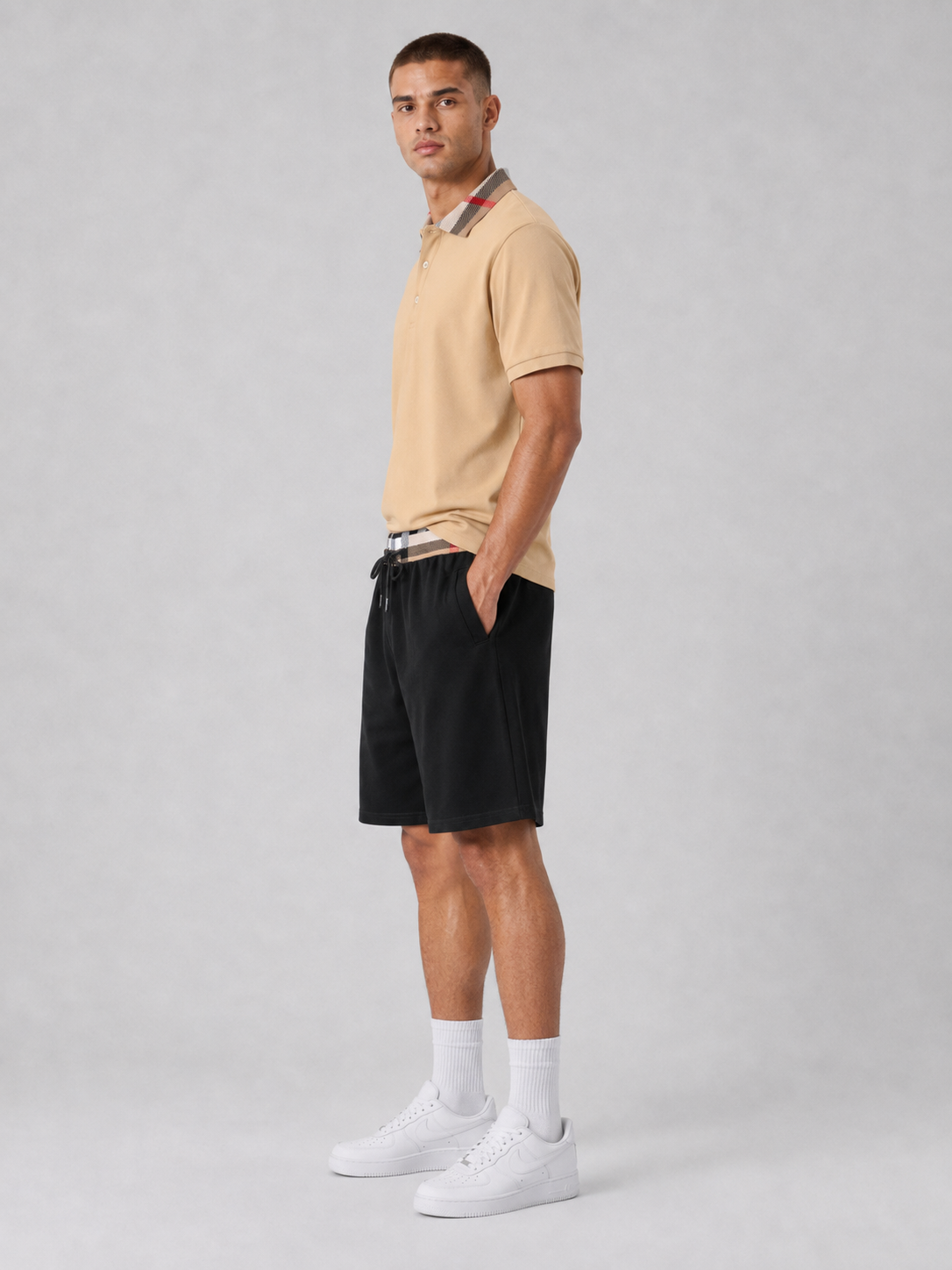 Beige Polo Shirt & Shorts Two-Piece Set
