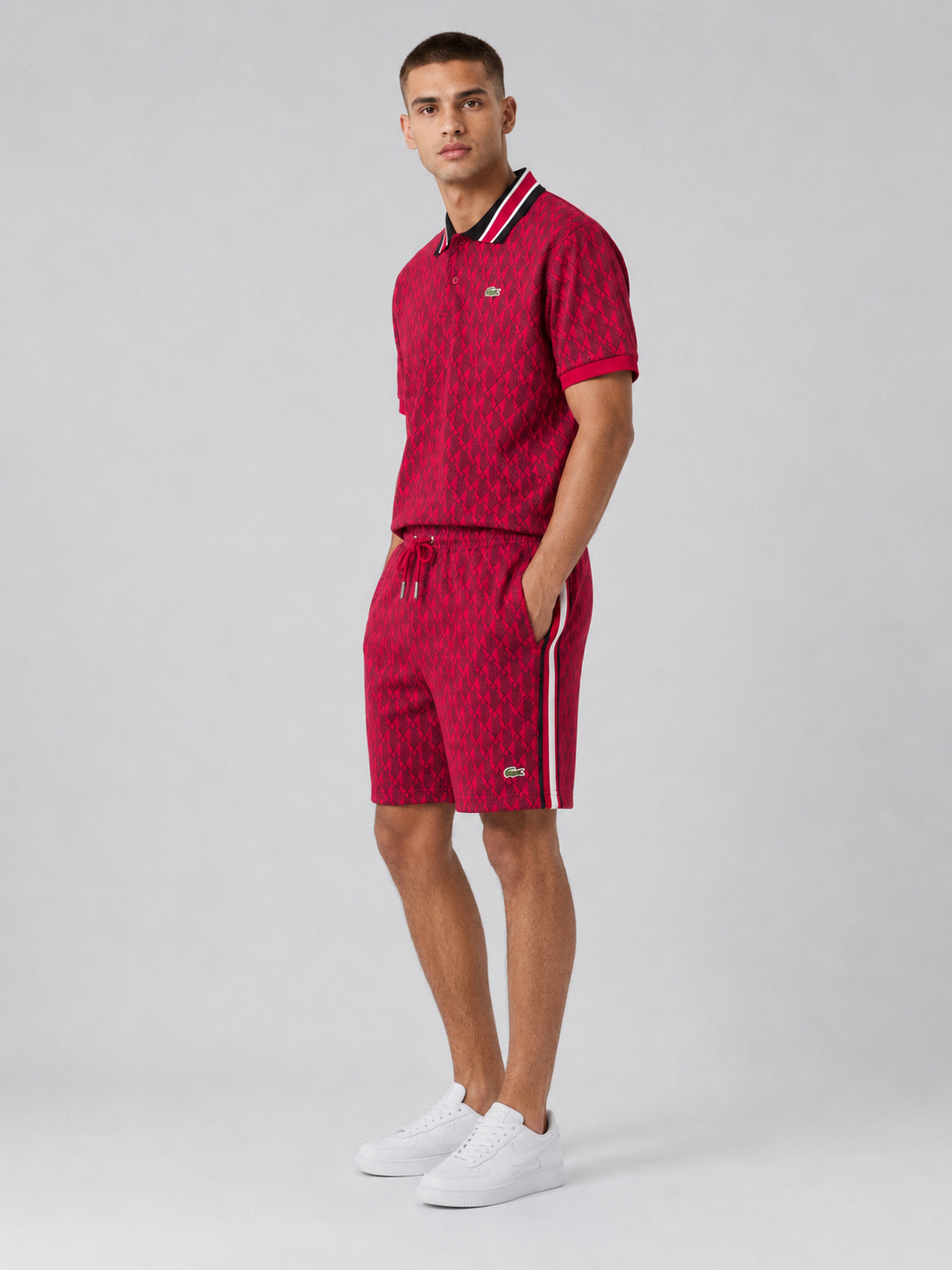 Striped Collar Red Printed Cotton T-Shirt & Shorts Set