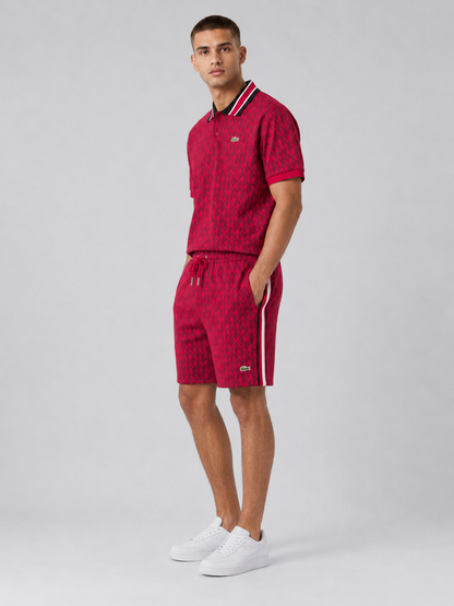 Striped Collar Red Printed Cotton T-Shirt & Shorts Set
