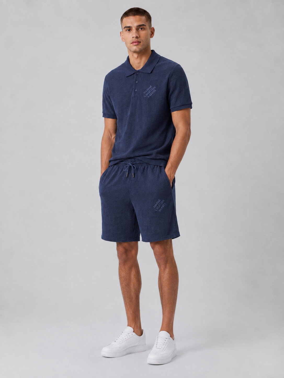 Navy Textured Polo Shirt & Shorts Set