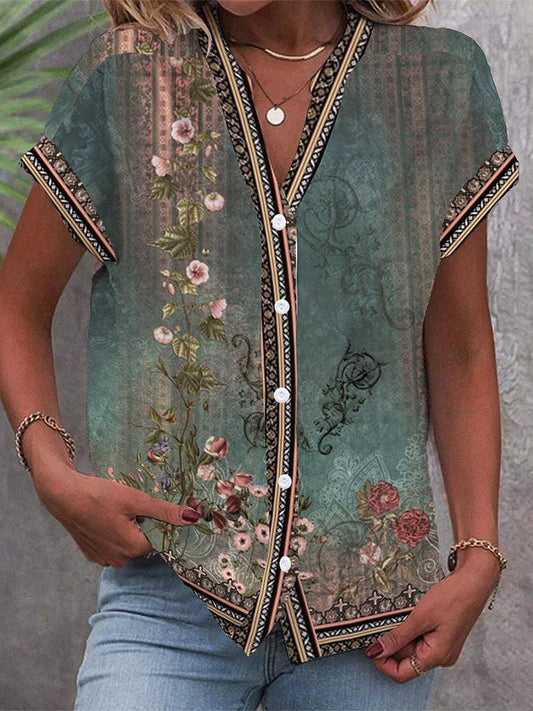 Vintage floral print button-front blouse for women | Marielle