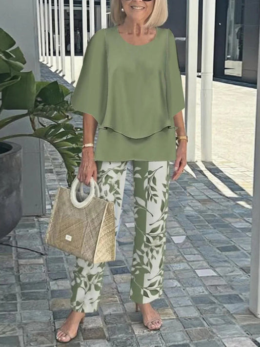 Green layered top and leaf print set for women | Marisela