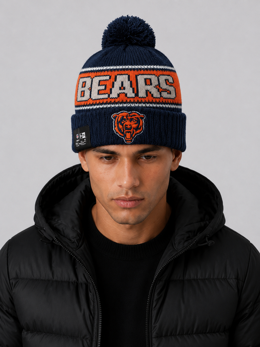 Chicago Bears Era Navy Striped Cuffed Knit Hat with Pom
