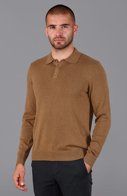 Mens Lightweight Cotton Long Sleeve Knitted Polo Shirt