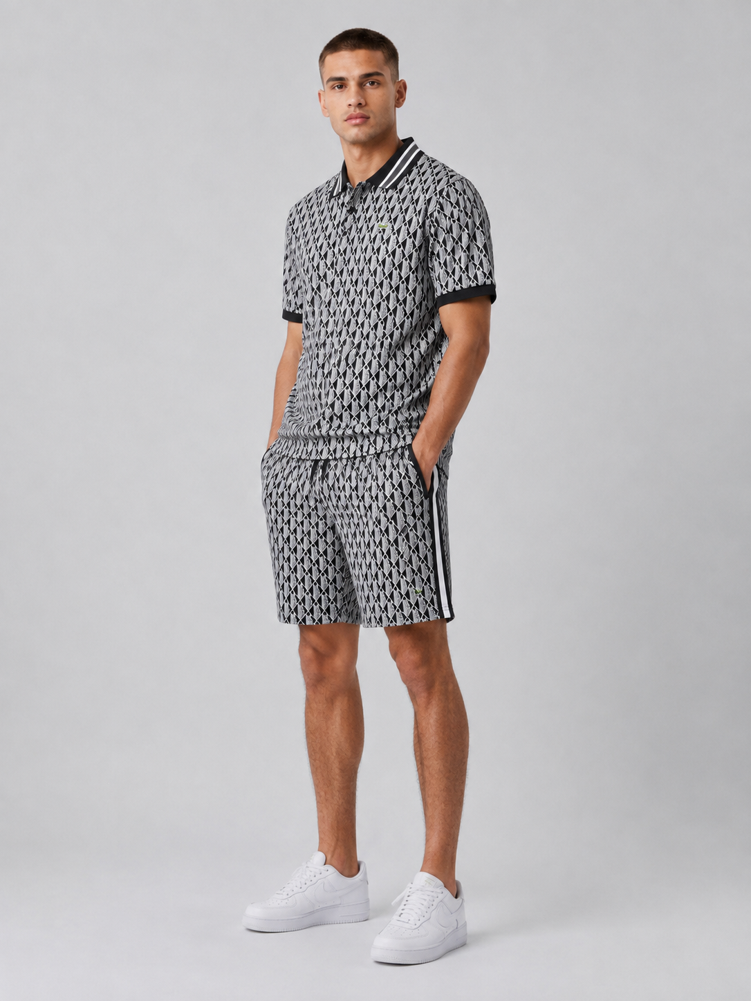 Black & White Geometric Polo Shirt & Shorts Set