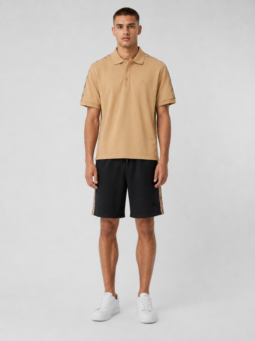 Beige Polo Shirt & Shorts Set – Plaid Side Detail