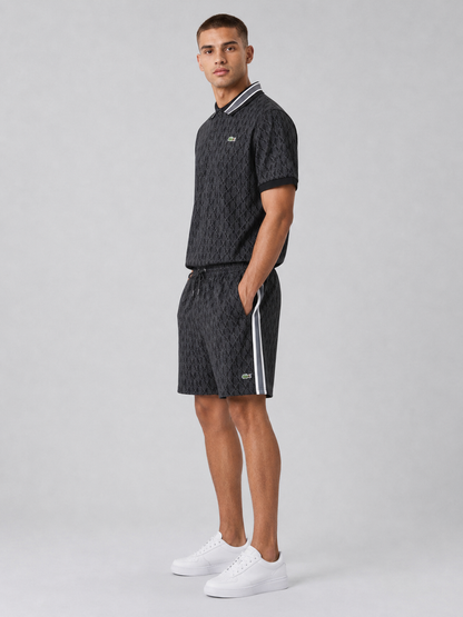 Striped Collar Black Printed Cotton T-Shirt & Shorts Set