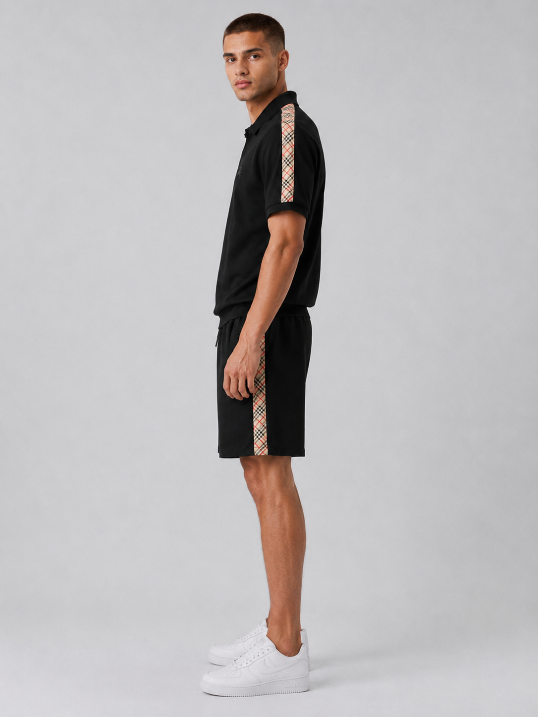 Black Polo Shirt & Shorts Set – Plaid Side Detail