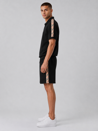 Black Polo Shirt & Shorts Set – Plaid Side Detail