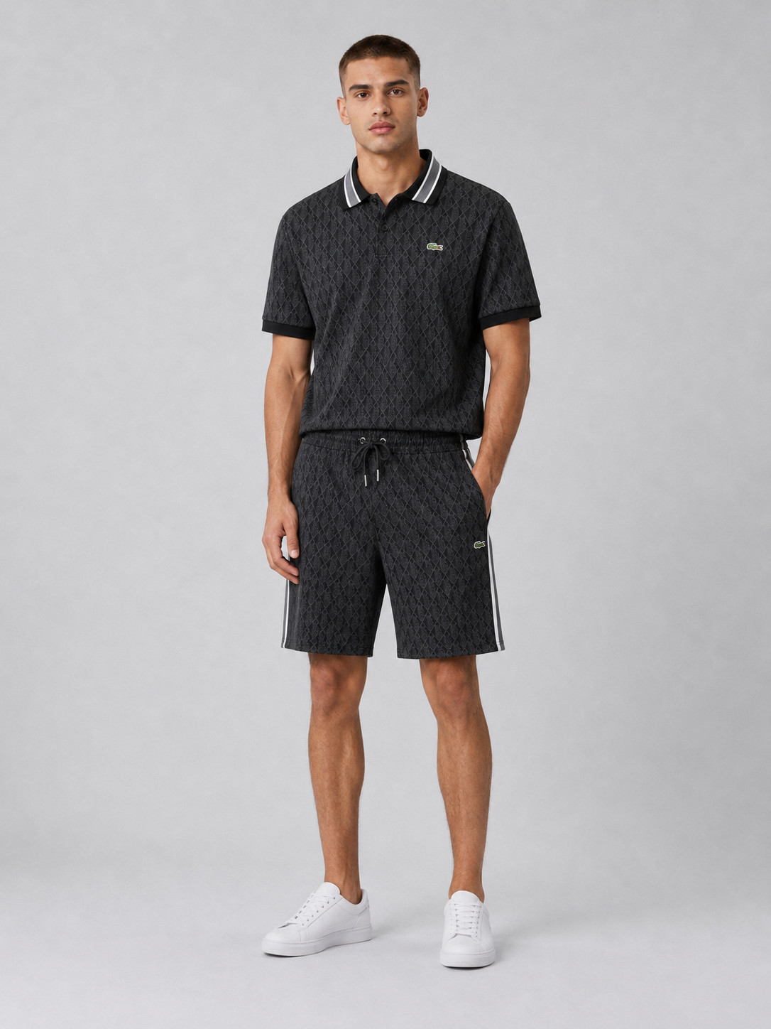 Striped Collar Black Printed Cotton T-Shirt & Shorts Set