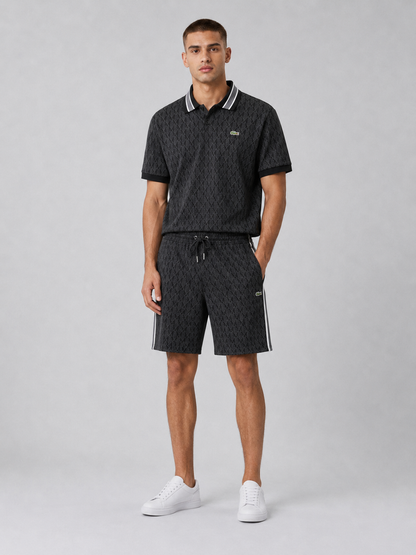Striped Collar Black Printed Cotton T-Shirt & Shorts Set