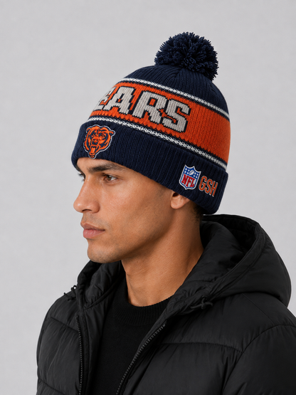 Chicago Bears Era Navy Striped Cuffed Knit Hat with Pom