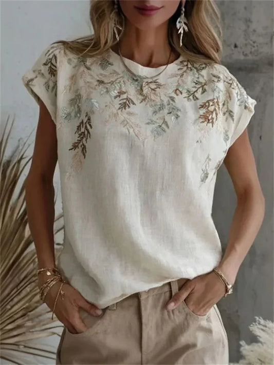 Vintage leaf print round neck T-shirt for women | Fenella