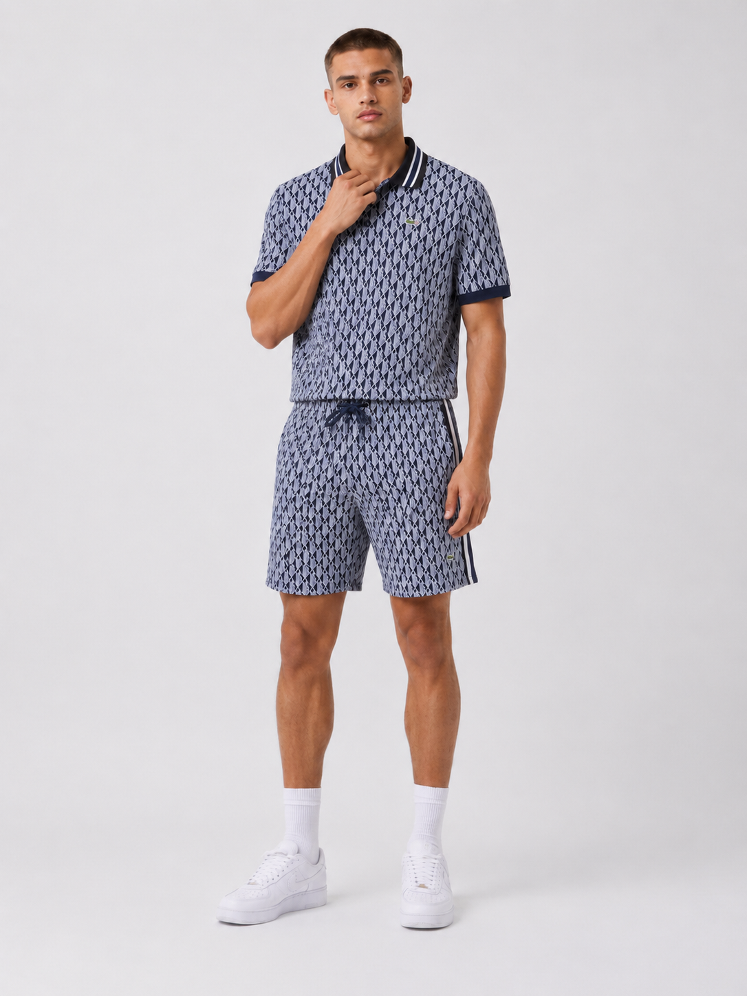 Navy Geometric Polo Shirt & Shorts Set