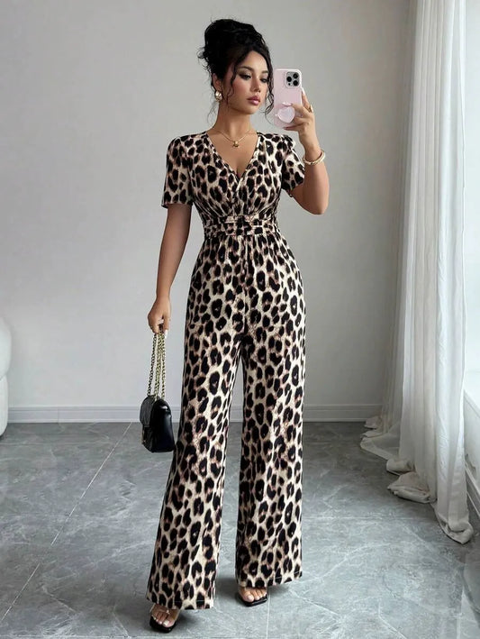 Evelisse | Women's Animal Print Wrap Neck Wide Leg Jumpsuit