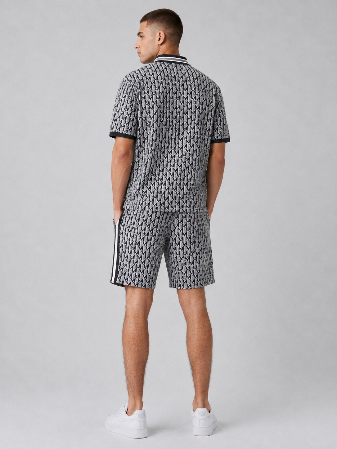 Black & White Geometric Polo Shirt & Shorts Set