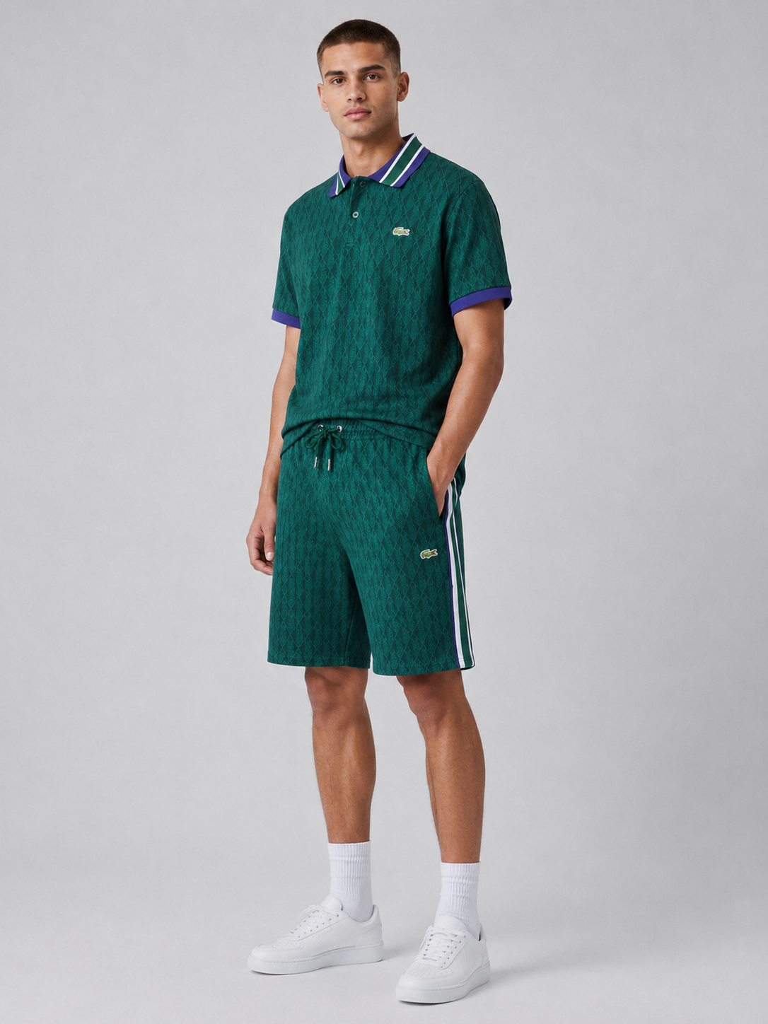 Striped Collar Green Printed Cotton T-Shirt & Shorts Set