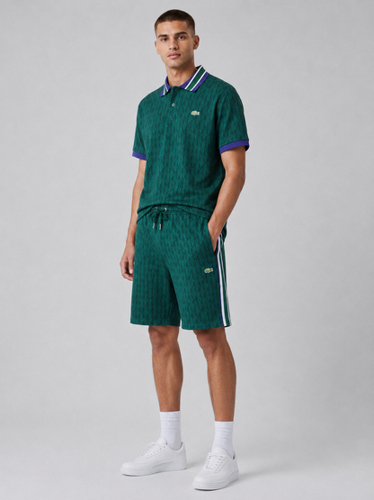 Striped Collar Green Printed Cotton T-Shirt & Shorts Set