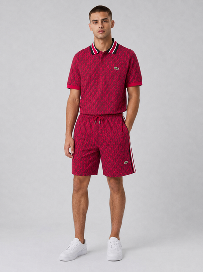 Striped Collar Red Printed Cotton T-Shirt & Shorts Set