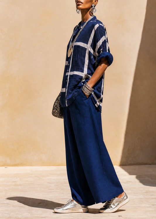 Sylvara | Women's Grid Print Stand Collar Shirt and Wide Leg Pants Set