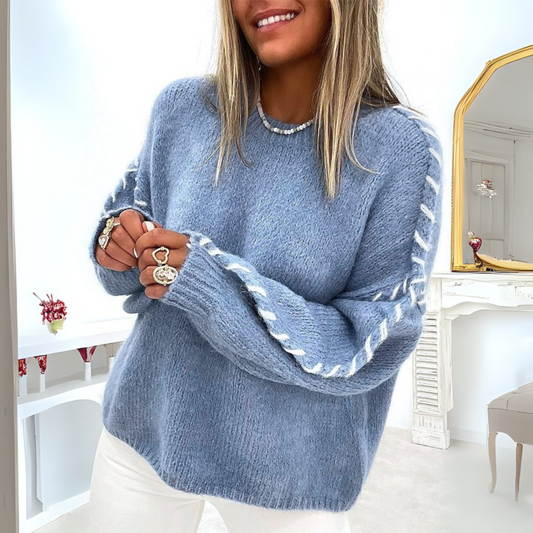 Elowen | Women's Crew Neck Sweater with Contrast Stitching
