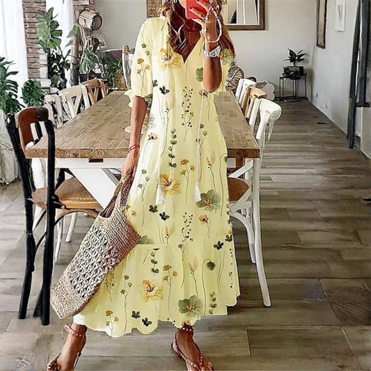 Floral boho short sleeve midi dress for women | Marisela