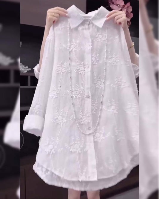 Embroidered cotton dropped shoulder shirt for women | Marisela