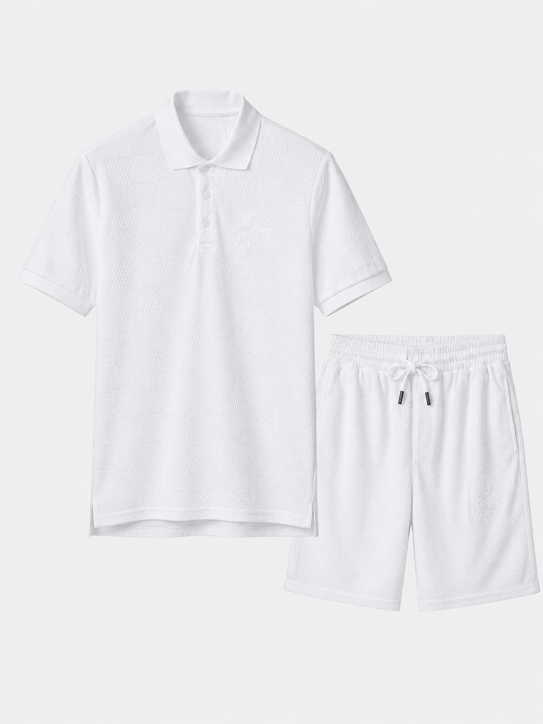 White Textured Polo Shirt & Shorts Set