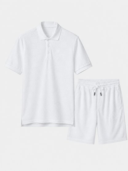 White Textured Polo Shirt & Shorts Set