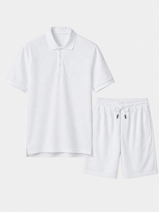 White Textured Polo Shirt & Shorts Set