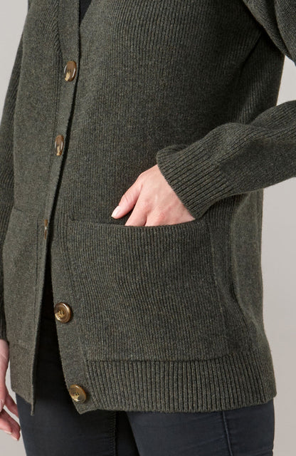 Womens Lambswool V Neck Ribbed Cardigan with Pockets