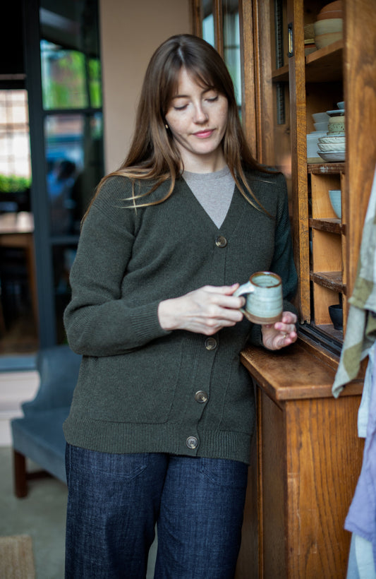 Womens Lambswool V Neck Ribbed Cardigan with Pockets