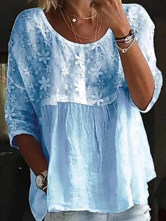 White floral embroidered patchwork blouse for women | Delphine