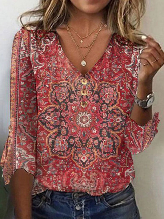 Ethnic print button-front V-neck blouse for women | Amara