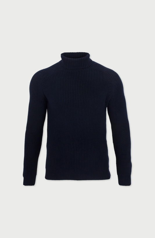 Mens Midweight Cotton Fisherman Rib Knit Roll Neck Jumper