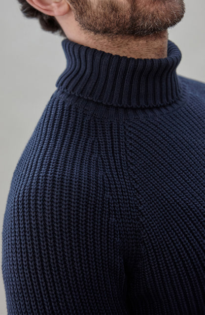Mens Midweight Cotton Fisherman Rib Knit Roll Neck Jumper