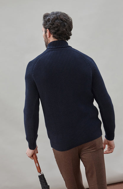 Mens Midweight Cotton Fisherman Rib Knit Roll Neck Jumper